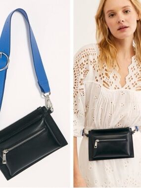 Free People Black Mini Belt Bag with Blue Strap
